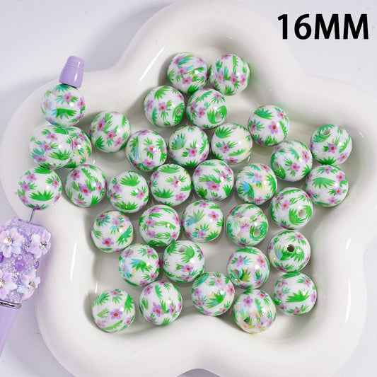 Cute Purple Flower with Green Grass Acrylic Beads 16mm Random Mix