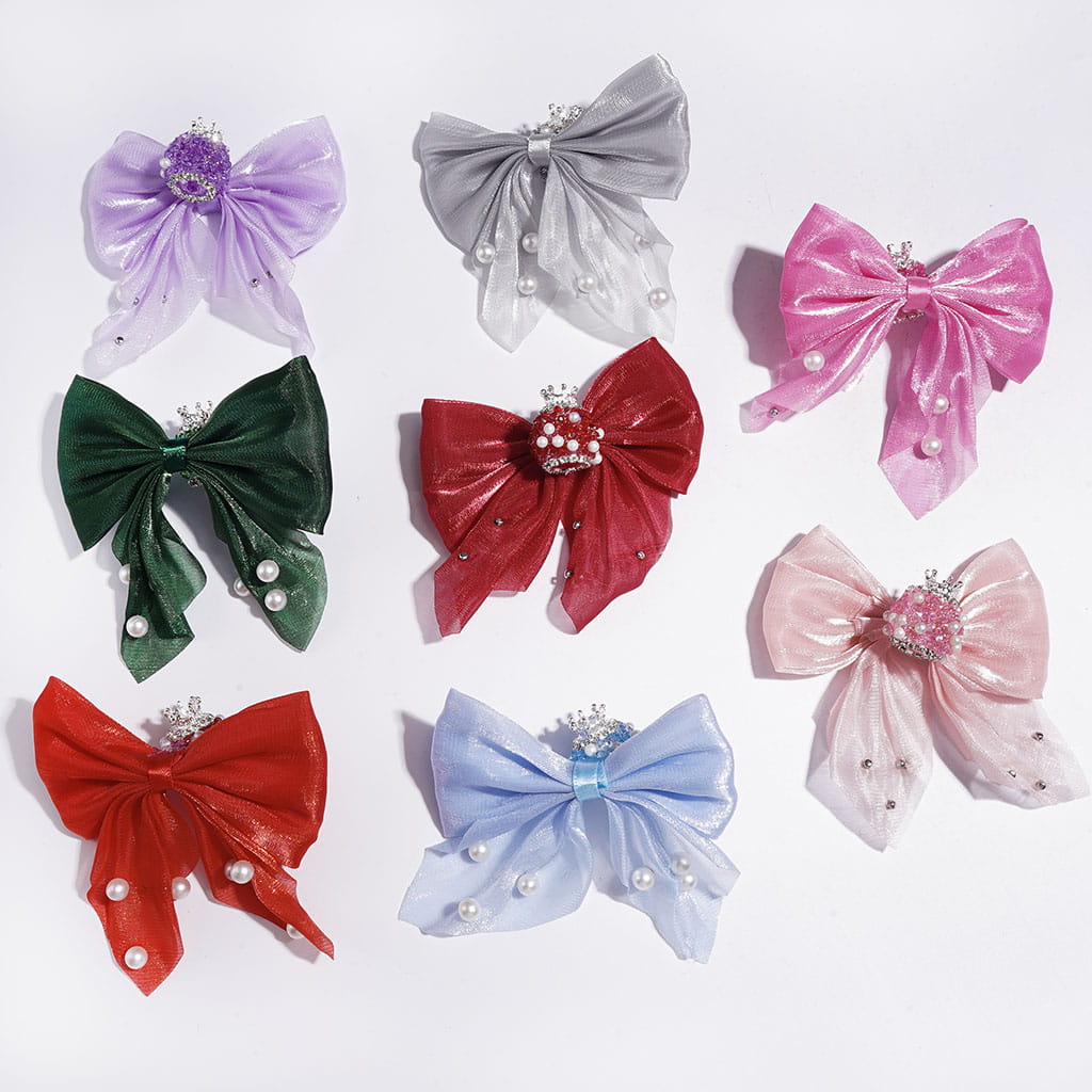 Royal Fabric Bowtie with Cone-Shaped Rhinestones, Silver Crown, White Pearls, Sparkling AB Rhinestones, and Chains Design Sugar Acrylic Beads, Multicolor, Random Mix