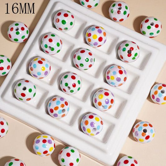 UV Coating, Decorated with Playful Colorful Polka Dots, White Acrylic Beads, 16MM, Assorted Colors, Random Mix