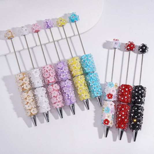 Elegant Clear Five-Petaled Flower with White Pearl Beadable Clay Pen