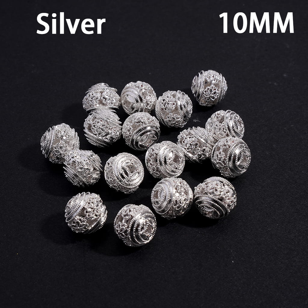 Hollowed Chinese Square Hole Copper Coin Base on Both Sides and Central Flower Gold and Silver Metal Beads 10MM
