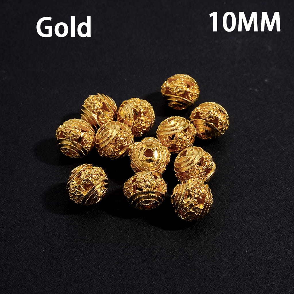 Hollowed Chinese Square Hole Copper Coin Base on Both Sides and Central Flower Gold and Silver Metal Beads 10MM