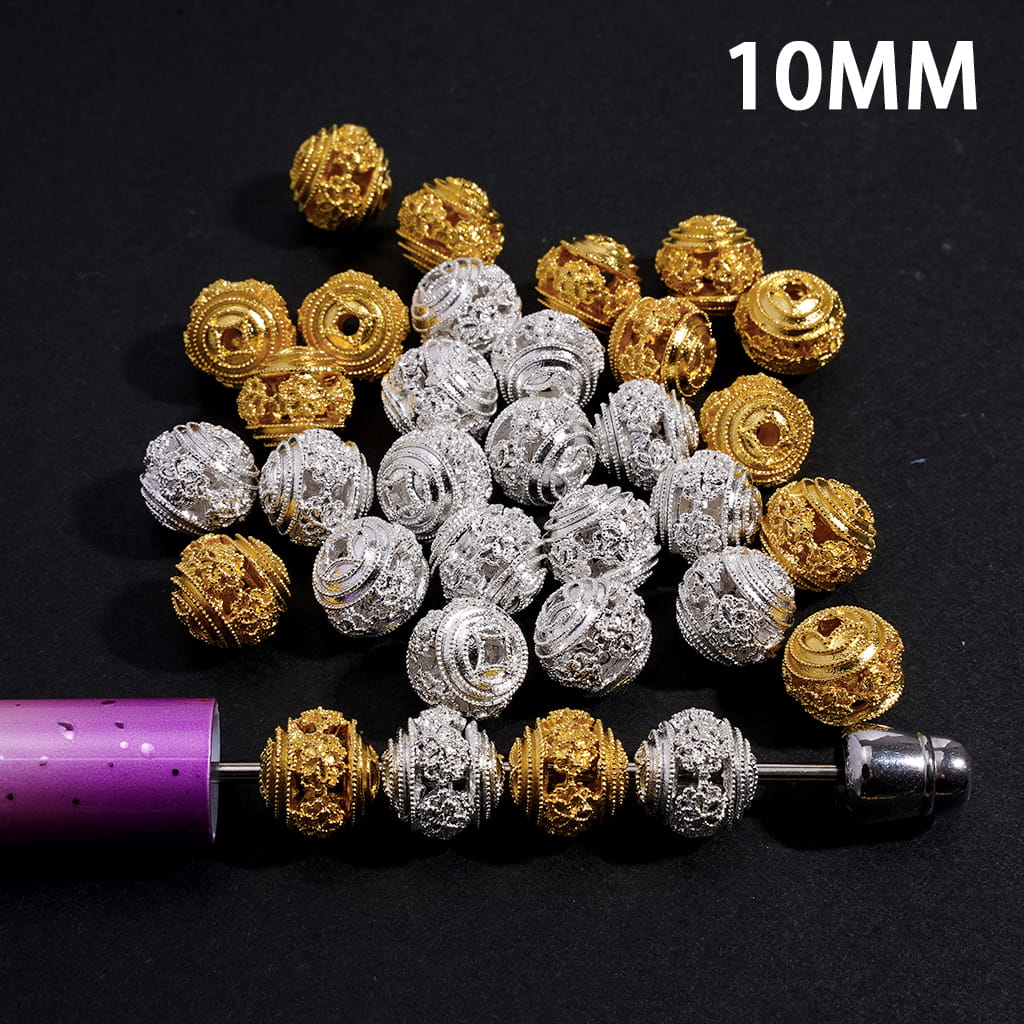 Hollowed Chinese Square Hole Copper Coin Base on Both Sides and Central Flower Gold and Silver Metal Beads 10MM
