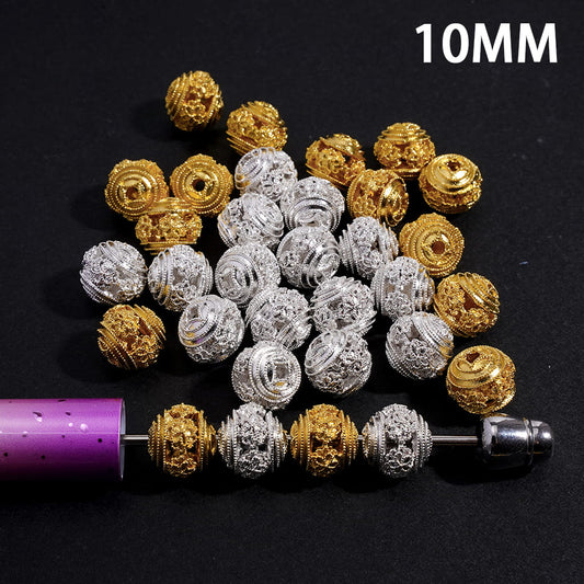 Hollowed Chinese Square Hole Copper Coin Base on Both Sides and Central Flower Gold and Silver Metal Beads 10MM