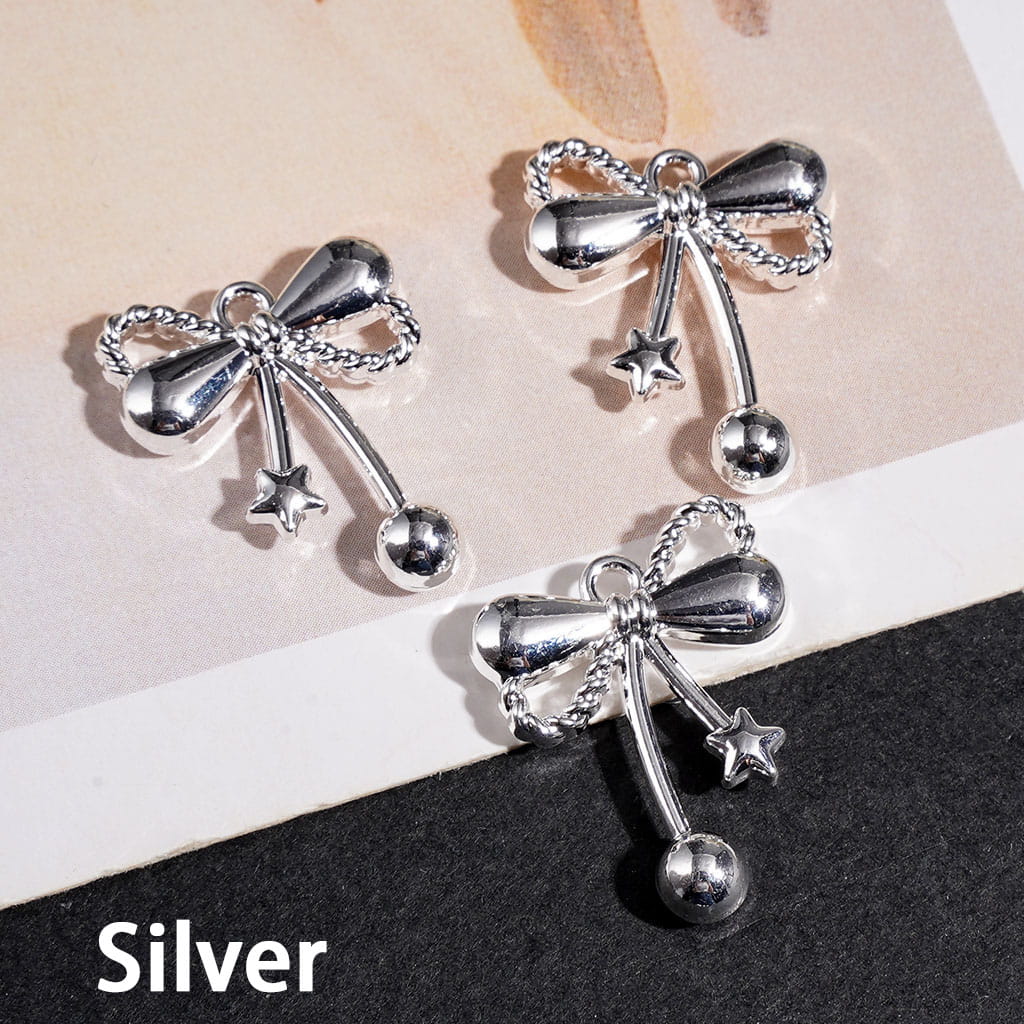 Metal Charms or Pendants Bow with Mini Star and Ball Design, Jewelry Accessories, 16*19MM, Gold Silver