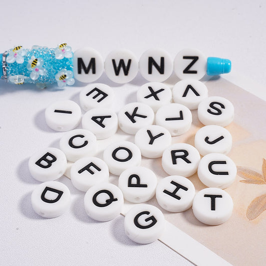Mini Flat Round Alphabet English Letters Prints Silicone Beads (The Hole is Horizontal, not Vertical)