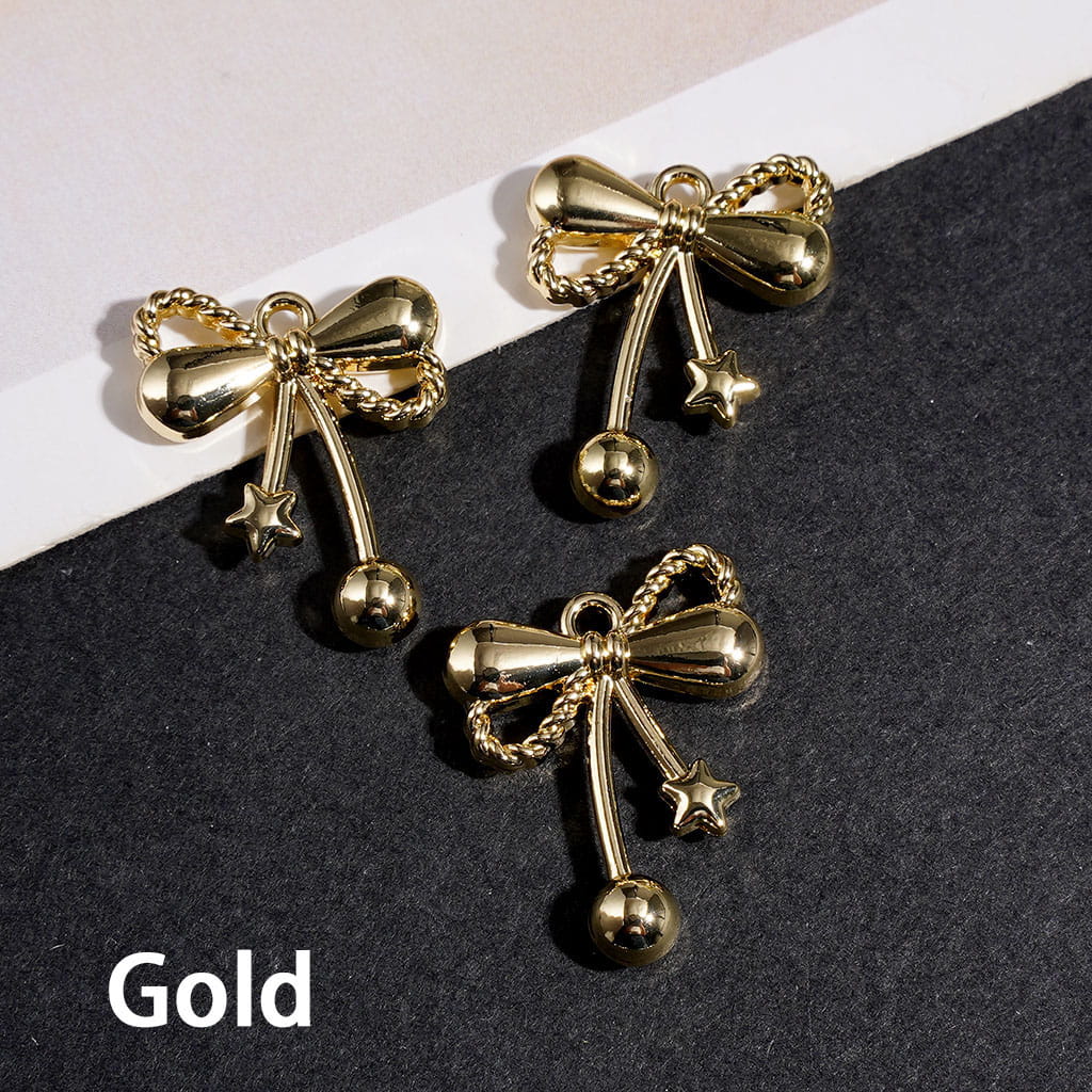 Metal Charms or Pendants Bow with Mini Star and Ball Design, Jewelry Accessories, 16*19MM, Gold Silver