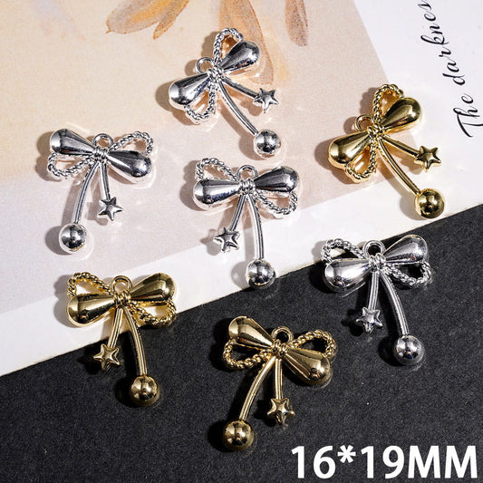 Gold & Silver Metal Bow Charm with Star & Ball Dangle, Jewelry Accessories, 16*19MM, Random Mix