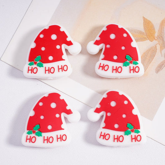 Holly Jolly Ho Ho Ho Santa Red Hat with Green Leaves Silicone Focal Beads