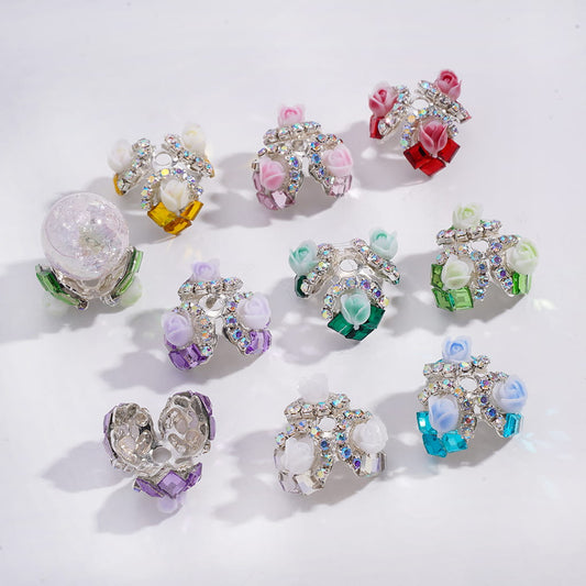 Tulip Flower Decorative Square Shape AB Rhinestone Alloy Bead Cages Multi-Color (They Fit 14MM Beads)