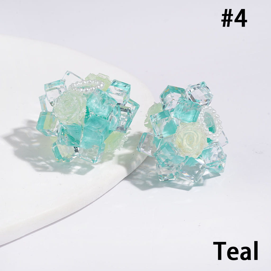 27MM - Handmade Acrylic Beads with Faceted Glass Crystal Square and Glittery Rose Flowers, White Pearl Loop, Multi-Color