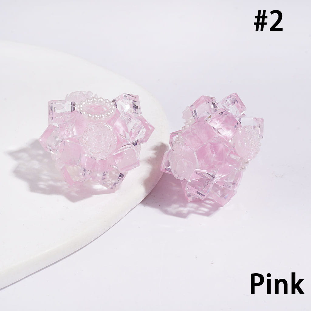 27MM - Handmade Acrylic Beads with Faceted Glass Crystal Square and Glittery Rose Flowers, White Pearl Loop, Multi-Color