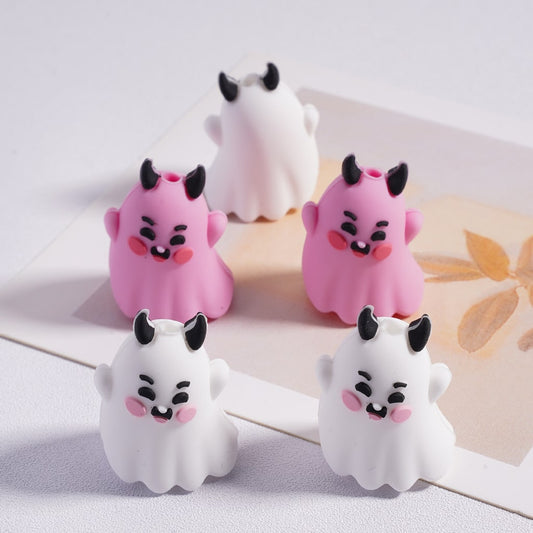 3D Cute Spirit with Black Horn White & Pink Halloween Silicone Focal Beads