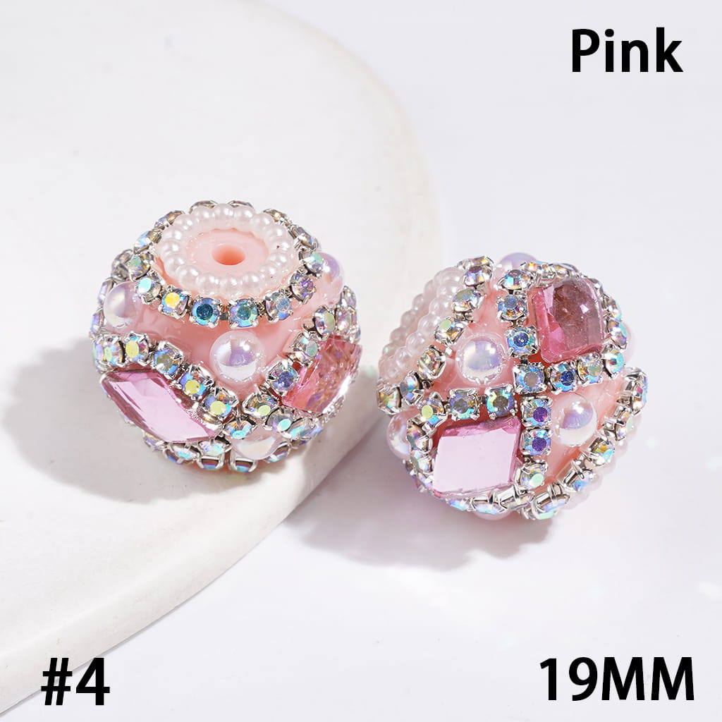 UV-Coated Elegant Dazzling Diamond-Shaped Rhinestones with Half-Shell White Pearls and Sparkling AB Rhinestone Ball Chains Hand-Made Acrylic Beads, 19MM, Multicolor