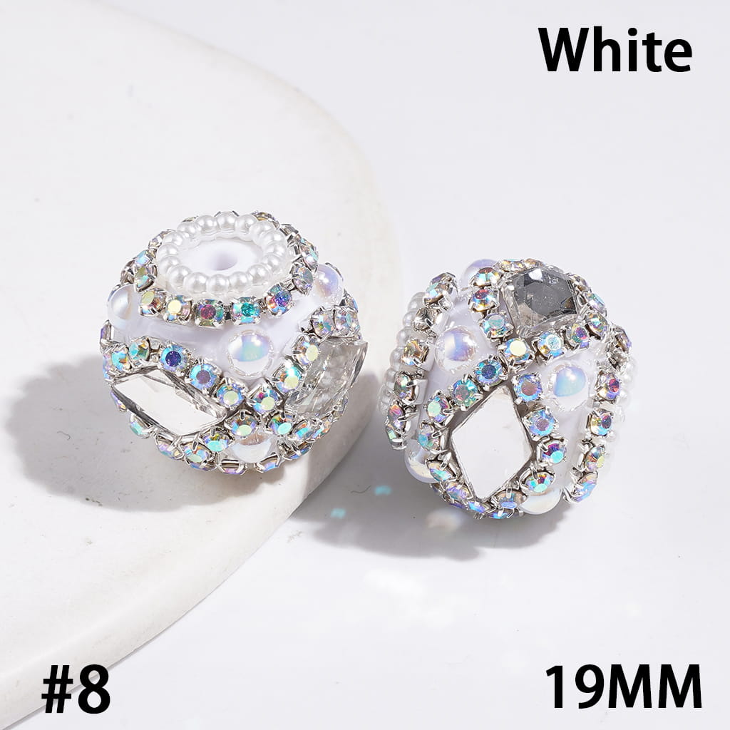 UV-Coated Elegant Dazzling Diamond-Shaped Rhinestones with Half-Shell White Pearls and Sparkling AB Rhinestone Ball Chains Hand-Made Acrylic Beads, 19MM, Multicolor