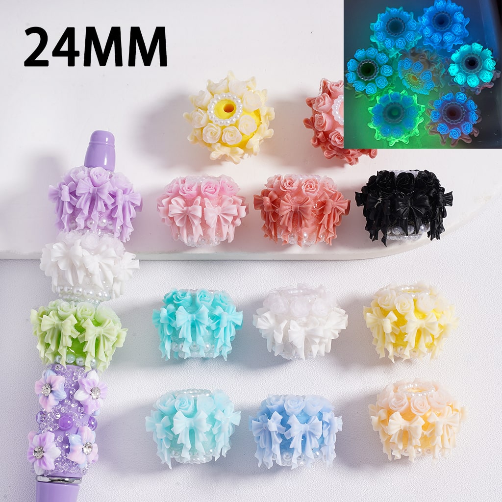 Assorted colorful 24MM decorative items on a white background with inset showing glowing effect.

