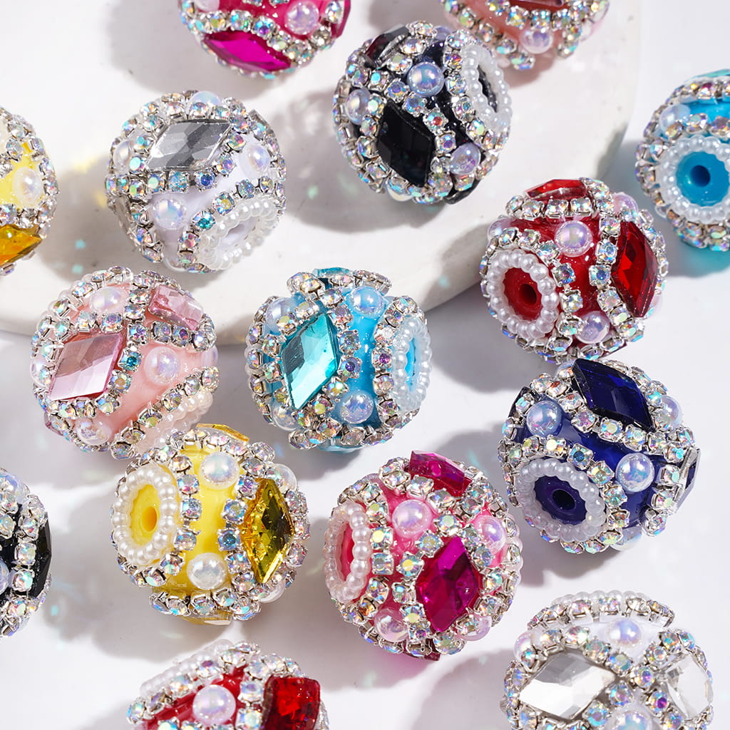 UV-Coated Elegant Dazzling Diamond-Shaped Rhinestones with Half-Shell White Pearls and Sparkling AB Rhinestone Ball Chains Hand-Made Acrylic Beads, 19MM, Multicolor