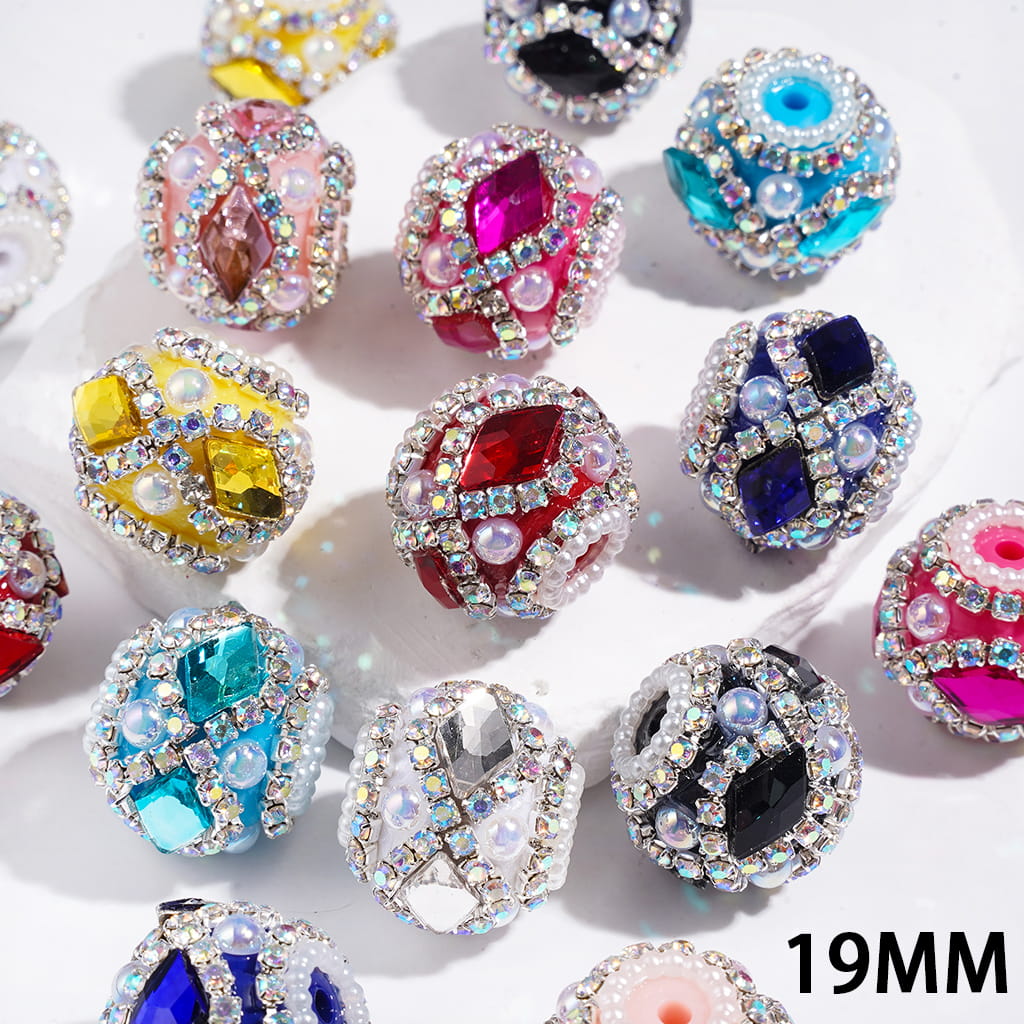 UV-Coated Elegant Dazzling Diamond-Shaped Rhinestones with Half-Shell White Pearls and Sparkling AB Rhinestone Ball Chains Hand-Made Acrylic Beads, 19MM, Multicolor