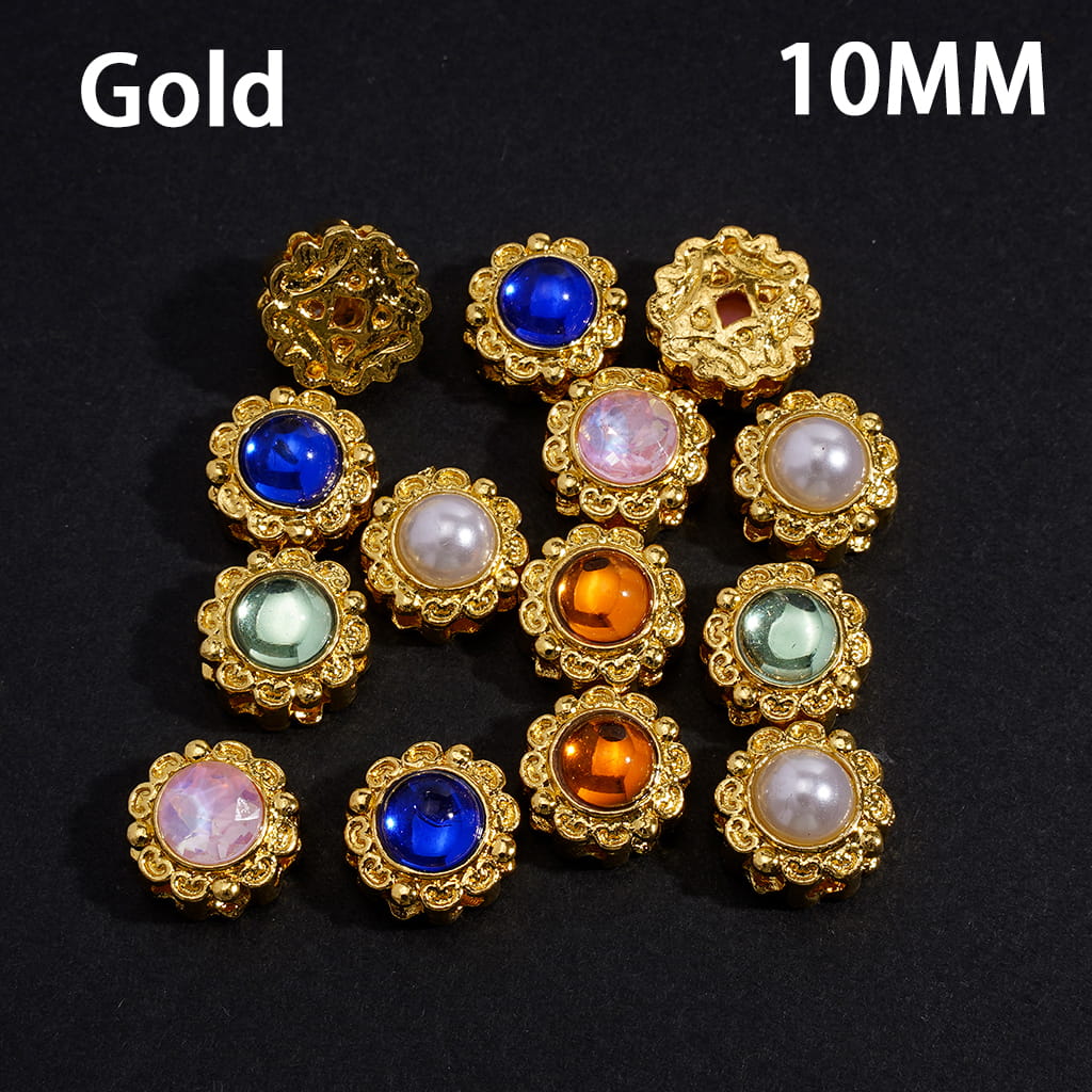 Gold & Silver Hollowed Chinese Square Hole Copper Coin on Back Round Shiny Rhinestone Alloy Flower Beads 10MM