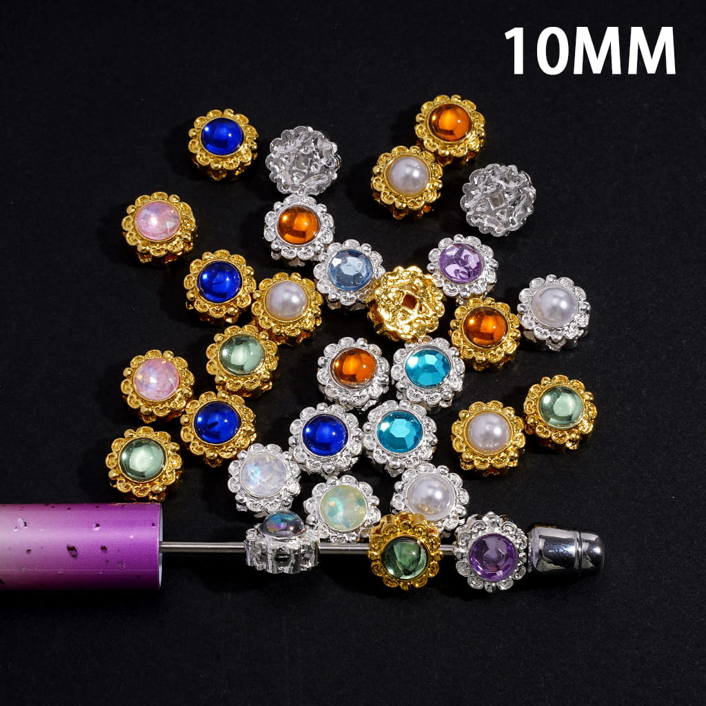 Gold & Silver Hollowed Chinese Square Hole Copper Coin on Back Round Shiny Rhinestone Alloy Flower Beads 10MM