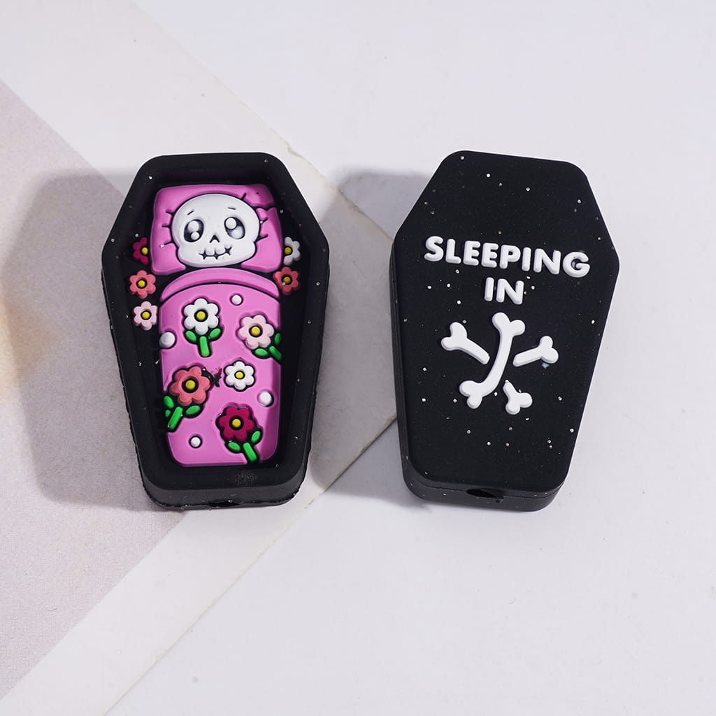 Silicone Focal Beads 3D Skeleton Sleeping in Coffin, Multi-Color