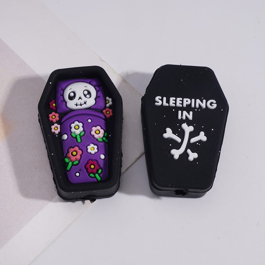 Silicone Focal Beads 3D Skeleton Sleeping in Coffin, Multi-Color