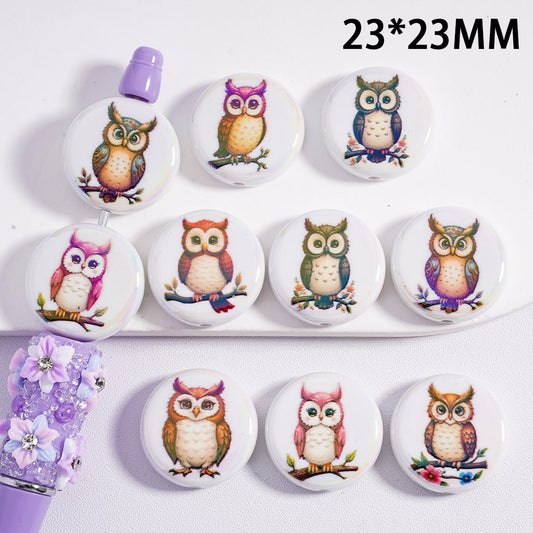UV Coated White Owl Prints Flat Round Acrylic Beads 23mm, Random Mix