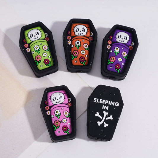 Silicone Focal Beads 3D Skeleton Sleeping in Coffin, Multi-Color