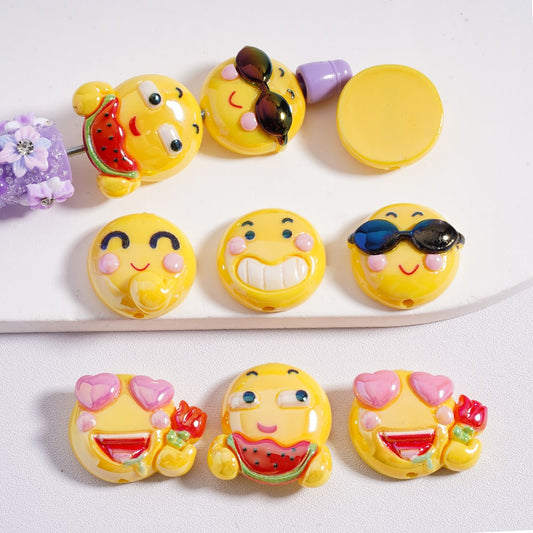 UV Coated Yellow Bean with different Smiley Face Emoji Acrylic Beads  Random Mix