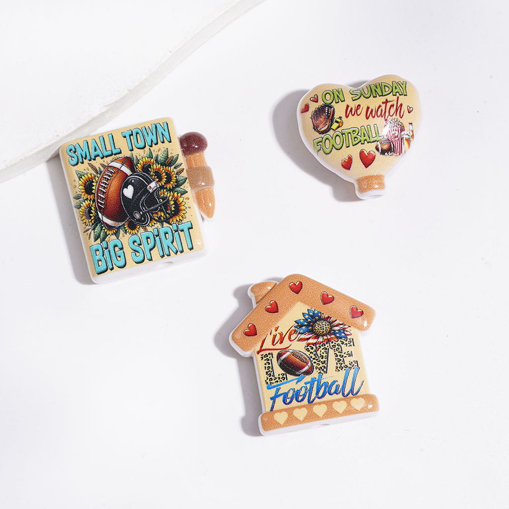 Dynamic American Football Sports Designs Series Acrylic Beads and Pendants, Random Mix
