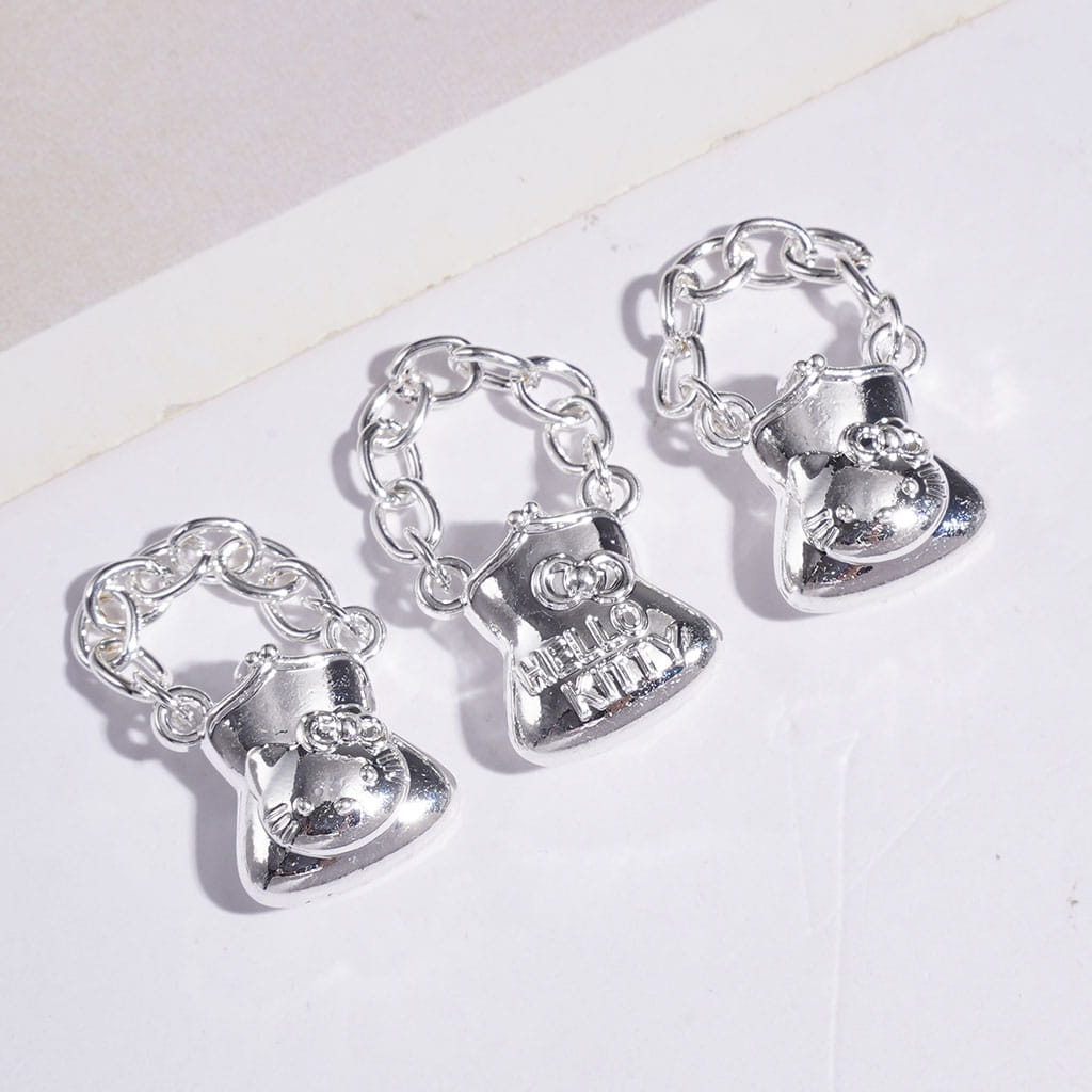 NO HOLE - Cute Cat Character Printed Tiny Handbag Alloy Charms with Chain, Jewelry Accessories, Gold and Silver, Around 13MM