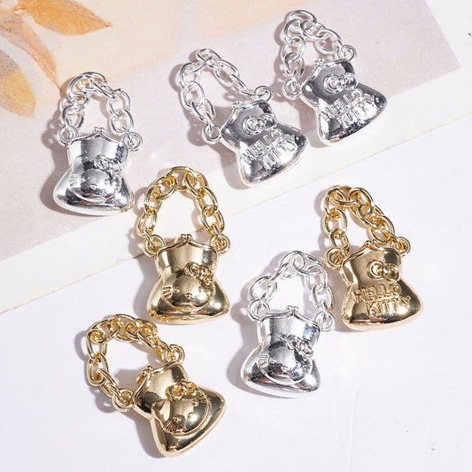 Gold & Silver Cute Cat Character Printed Tiny Handbag Alloy Charms with Chain Handle, Jewelry Accessories, Random Mix