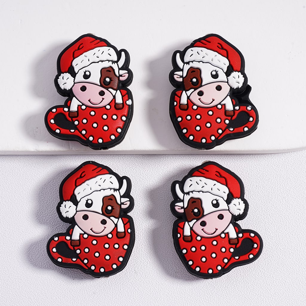 Holiday Christmas Cow with Santa Hat in a Cup Silicone Focal Beads
