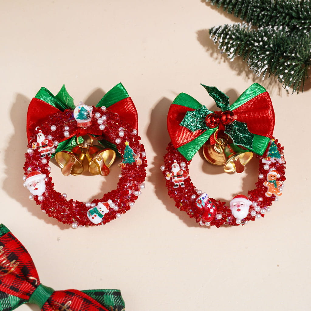 Handmade Christmas Wreath Acrylic Beads, Fabric Bow Bells Christmas Trims Cone Shaped Rhinestones & White Pearls, 53-64MM, Red Green