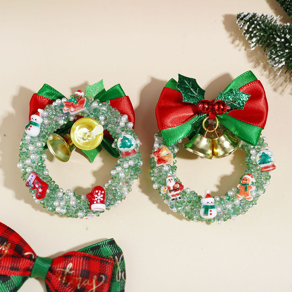 Handmade Christmas Wreath Acrylic Beads, Fabric Bow Bells Christmas Trims Cone Shaped Rhinestones & White Pearls, 53-64MM, Red Green