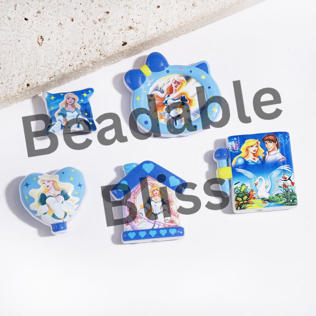 Acrylic Beads and Pendants Swan Princess and Prince Characters Series, Blue Animation Style, Random Mix