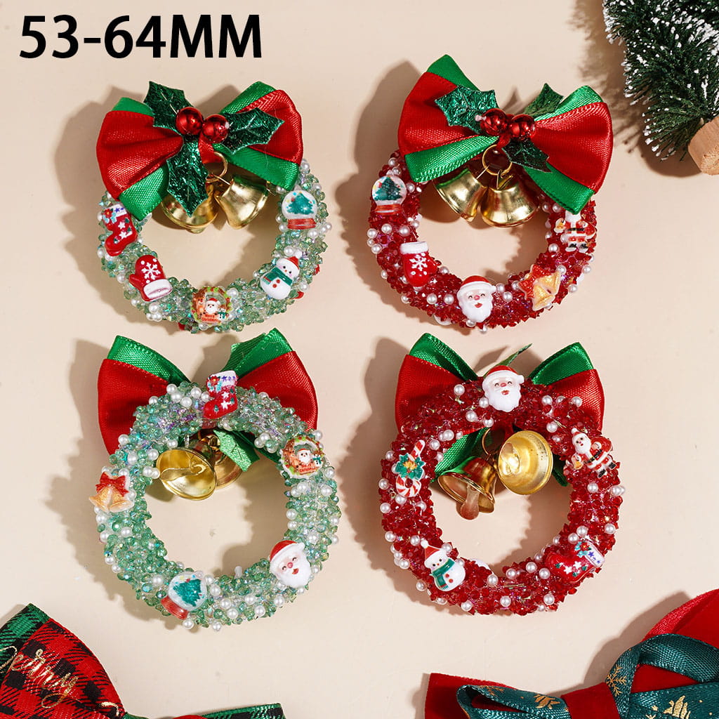 Handmade Christmas Wreath Acrylic Beads, Fabric Bow Bells Christmas Trims Cone Shaped Rhinestones & White Pearls, 53-64MM, Red Green