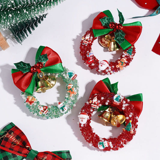 Christmas Wreath Ornament with Red Green Fabric Bow, Golden Bells, Pearl Beads, Rhinestone Trims & Handmade Acrylic Bead, 53-64MM