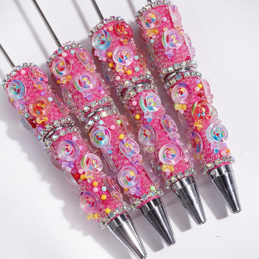 Adorable Rainbow Lollipop with Small Round Beads & Sparkling AB Rhinestone Chains Semi-Clear Handmade Beadable Pens