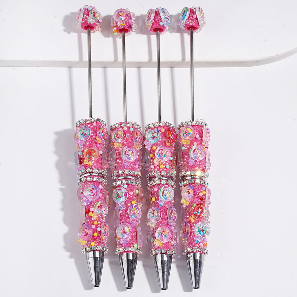 Adorable Rainbow Lollipop with Small Round Beads & Sparkling AB Rhinestone Chains Semi-Clear Handmade Beadable Pens