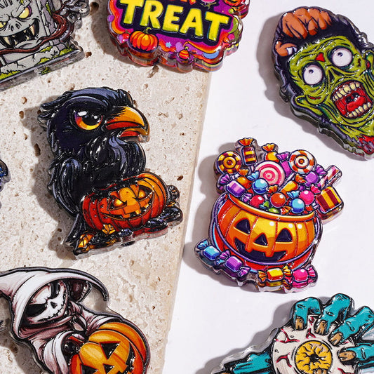 Halloween Horror Trick or Treat, Grim Reaper, Zombie, Raven, Evil Pumpkin, Eyeball Hand & Candy Bucket Designs, Acrylic Beads, Random Mix