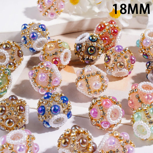 Hand-Made Acrylic Beads with UV Coated Half-Faced Pearls, "X" Shaped Clear Rhinestone Chains, White Pearl Loop, 18MM, Random Mix, Various Colors
