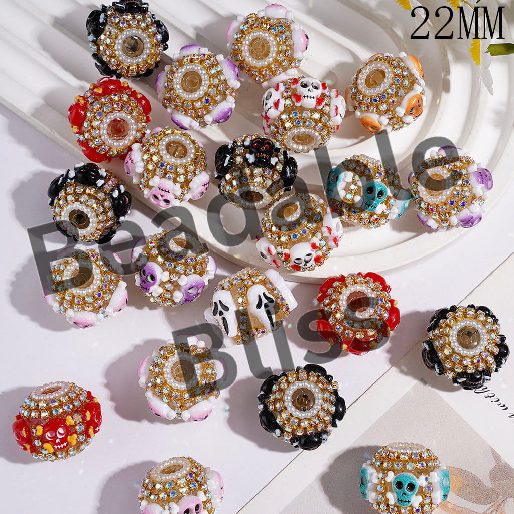 Hand-Made Halloween Acrylic Beads Horror Skull Head, AB Rhinestone & White Pearl Chains, 22MM Multi-Color Random Mix