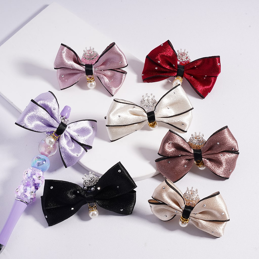 Fabric Bowknots with Silver Alloy Crown, White Pearls with Rhinestones Chains Sugar Acrylic Beads