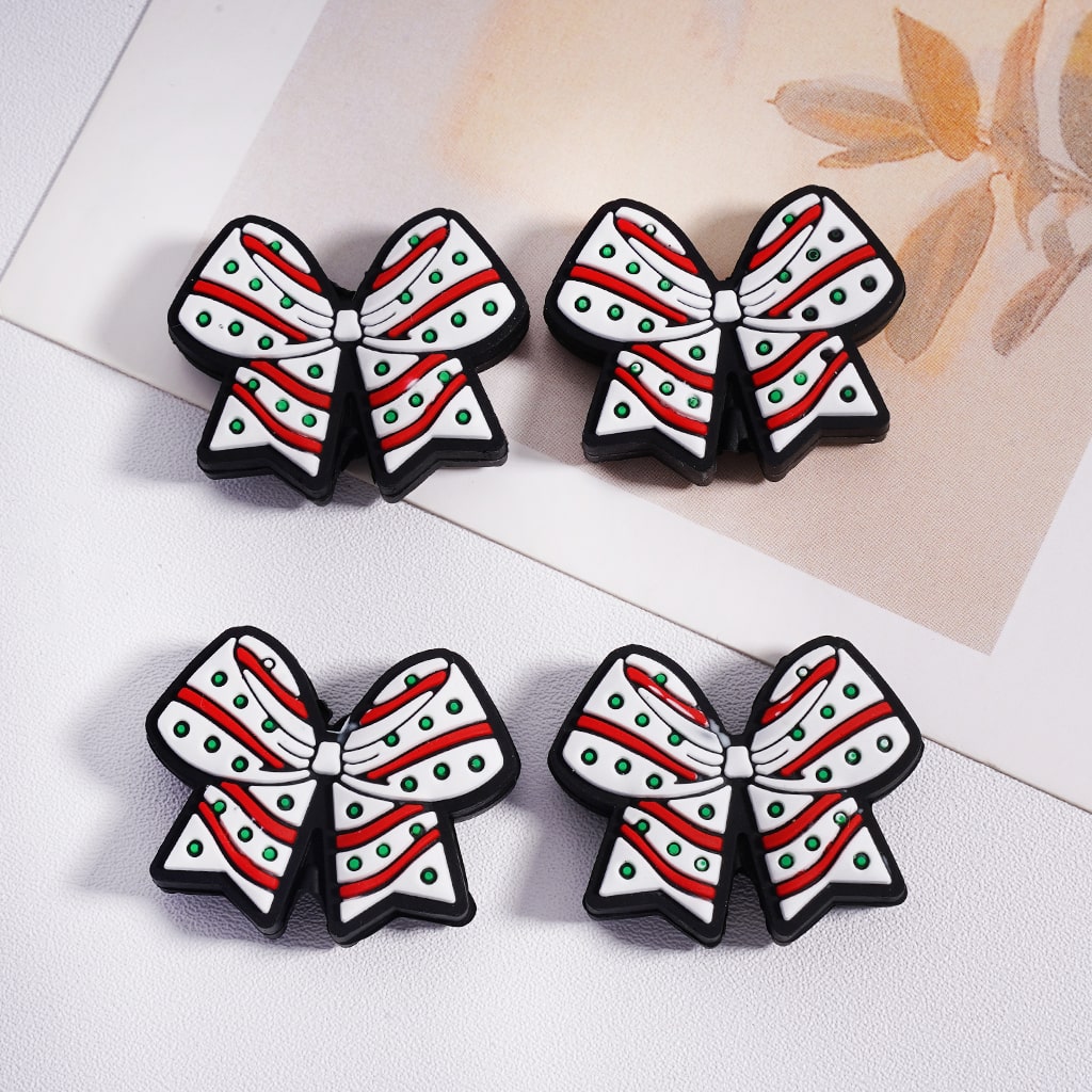 Luminous Cute Bowknot White with Green Spots & Red Stripes Silicone Focal Beads