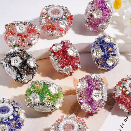 Transparent Cross & Silver Color Metal Five-Petaled Flower, AB Rhinestone & White Pearl Trim Handmade Acrylic Beads, 21MM, Multicolor, Random Mix