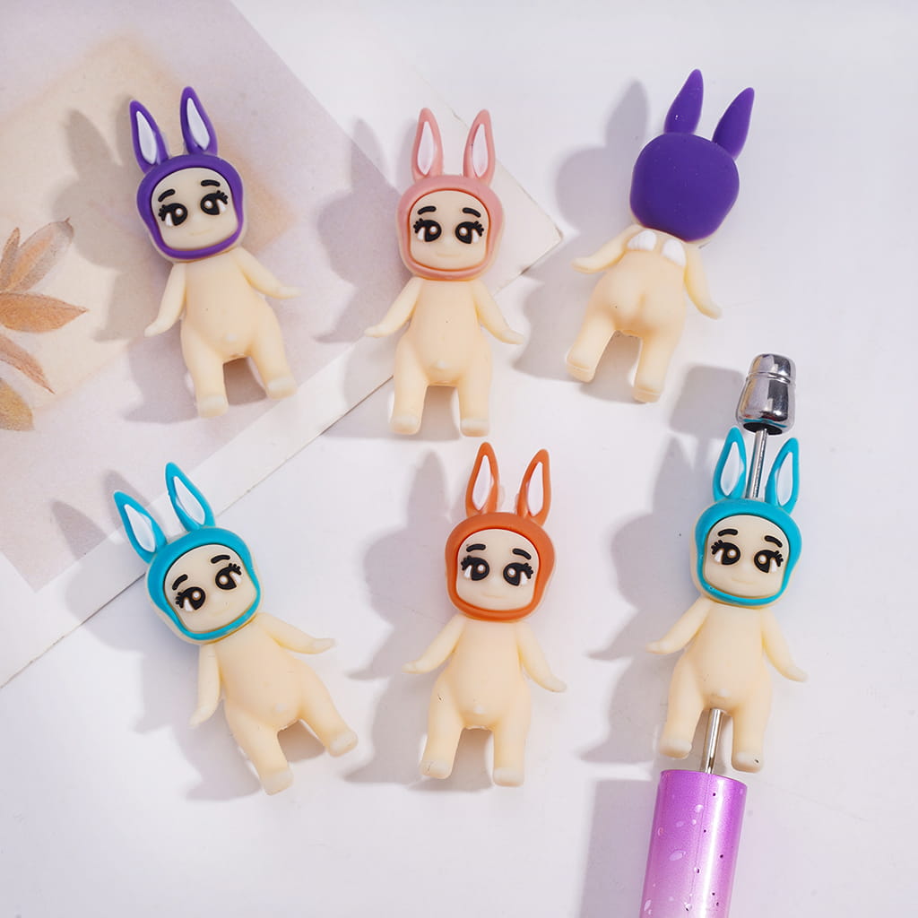 3D Cute Character Large-Eyed Baby with Bunny Ear in Various Colors Silicone Focal Beads