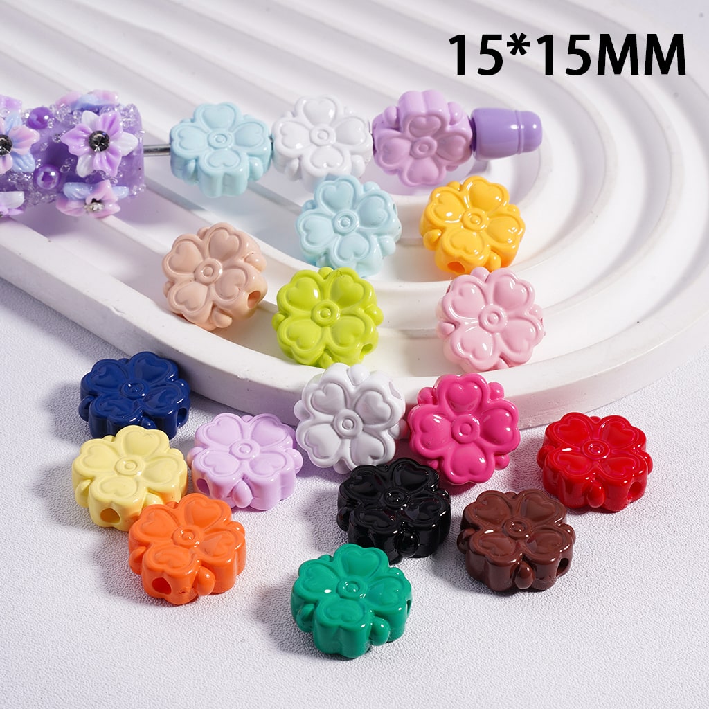 Cute Four Leaf Lucky Clover with Mini Heart Prints Solid Color, Acrylic Beads 15*15MM, (Single Color is available for 300pcs(Whole Bag) Only)