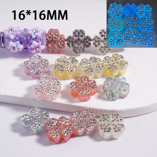 Luminous Four Leaf Clover Translucent with Clear Rhinestones, Acrylic Beads 16*16MM, Random Mix