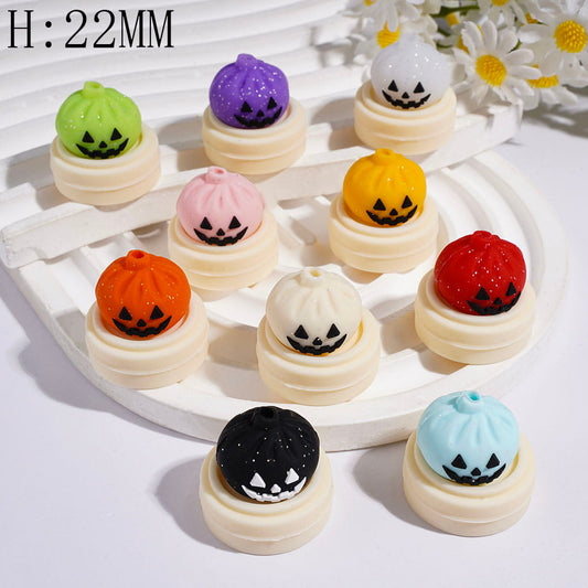 Halloween Evil Dumpling & Steamer Basket Silicone Focal Beads with Silver Glitter, Height 22MM, Random Mix
